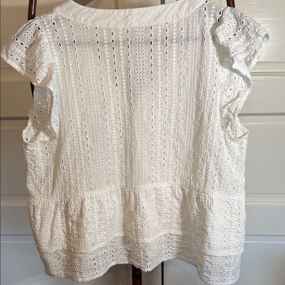 White Eyelet tiered ruffle Blouse Button Front Cottagecore Summer Top - Picture 6 of 11